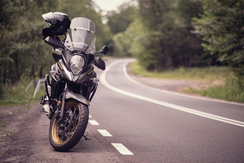 motorbike, motorcycle, road, countryside, forest, nature, vehicle, suzuki, vstrom
